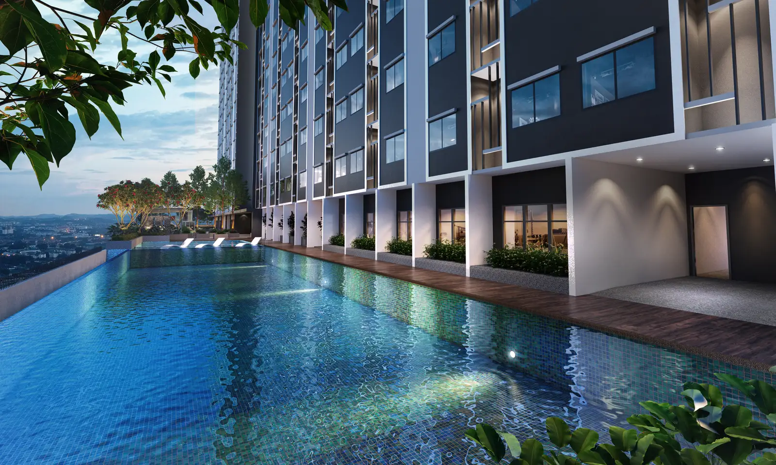 D&rsquo;Nuri Residences pool deck and facilities at dusk