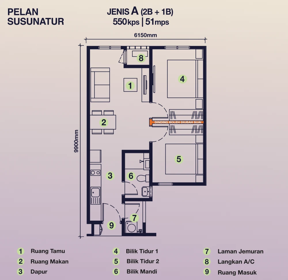 D&rsquo;Nuri Residences Type A unit plan Pelan Susunatur 550 sqft 2R1B